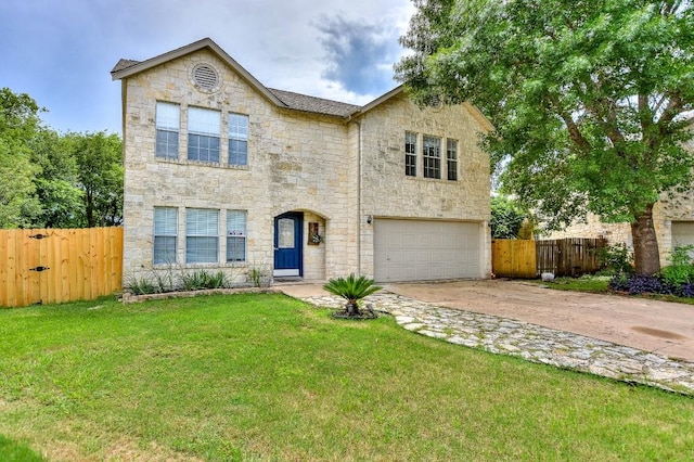 1401 Balsam Way, Round Rock, TX 78665 - view of front of home with stone siding, a garage, driveway, and a gate