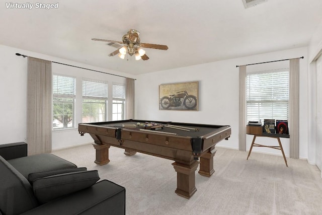 1401 Balsam Way, Round Rock, TX 78665 - game room with billiards, ceiling fan, and light colored carpet