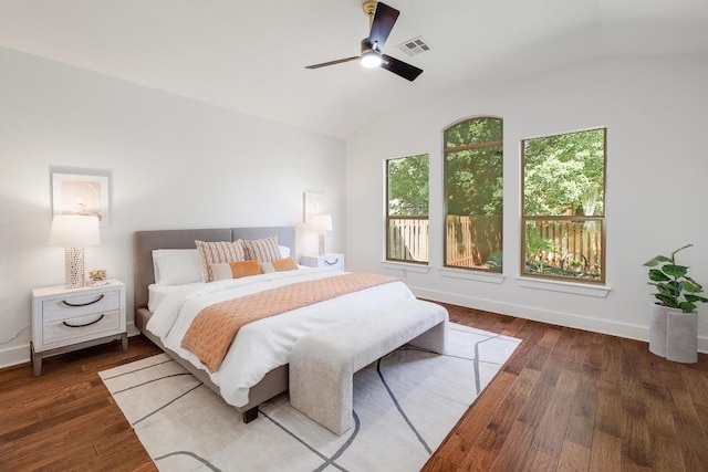 102 Rivulet Ln, Austin, TX 78738 - bedroom with vaulted ceiling, wood finished floors, and a ceiling fan
