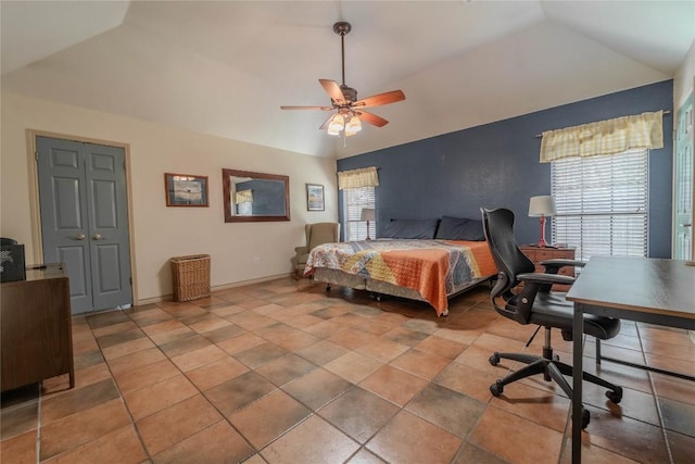 11811 Arabian Trl, Austin, TX 78759 - bedroom featuring vaulted ceiling, multiple windows, an office area, and ceiling fan