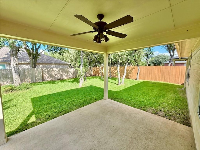1907 Rutherford Dr, Leander, TX 78641 - fenced backyard featuring a patio area and ceiling fan