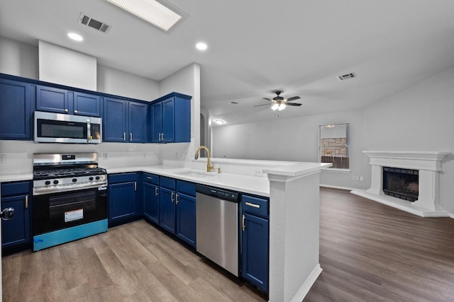 8943 W Hove Loop, Austin, TX 78749 - kitchen featuring appliances with stainless steel finishes, blue cabinets, a peninsula, open floor plan, and light wood-style floors