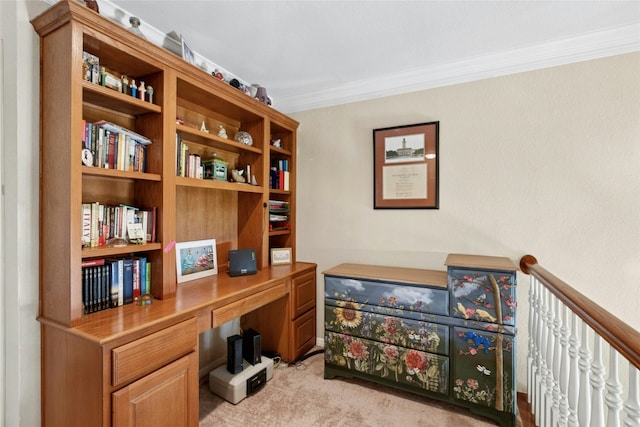 5100 Hadle Cv, Austin, TX 78730 - home office featuring ornamental molding, light carpet, and built in desk