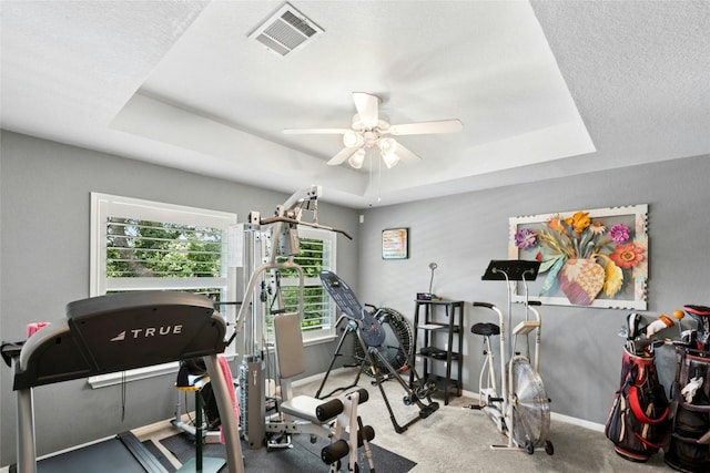 5100 Hadle Cv, Austin, TX 78730 - exercise area with a raised ceiling, ceiling fan, and carpet