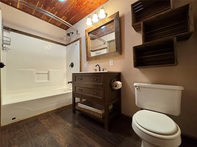 572 Eastern Ave, Bertram, TX 78605 - bathroom featuring wood ceiling, shower / bathtub combination, wood finished floors, and vanity