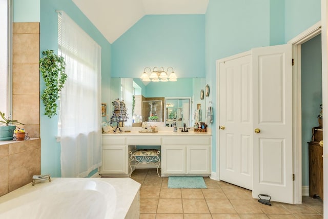 307 N Rainbow Bridge Dr, Cedar Park, TX 78613 - full bath with a bath, vanity, tile patterned flooring, lofted ceiling, and a shower with shower door