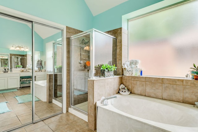 307 N Rainbow Bridge Dr, Cedar Park, TX 78613 - bathroom with vanity, lofted ceiling, a bath, and a shower stall