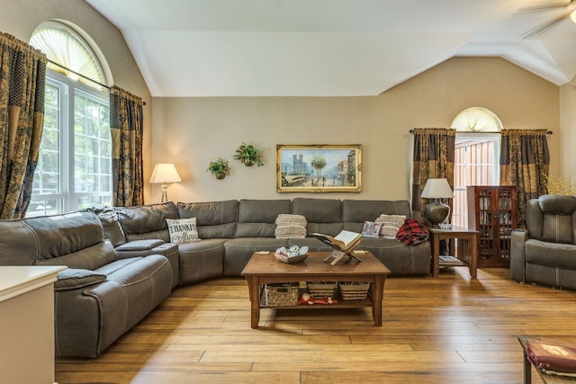307 N Rainbow Bridge Dr, Cedar Park, TX 78613 - living room with vaulted ceiling, hardwood / wood-style floors, and a ceiling fan
