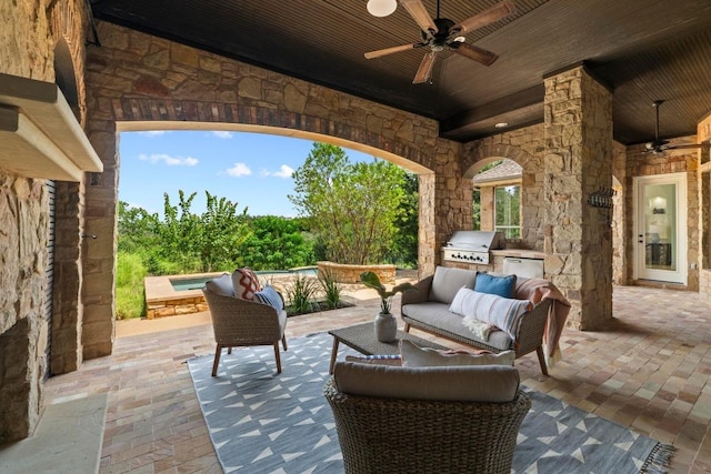 908 Lakewood Hills Ter, Austin, TX 78732 - view of patio featuring area for grilling, ceiling fan, a hot tub, an outdoor living space, and an outdoor pool