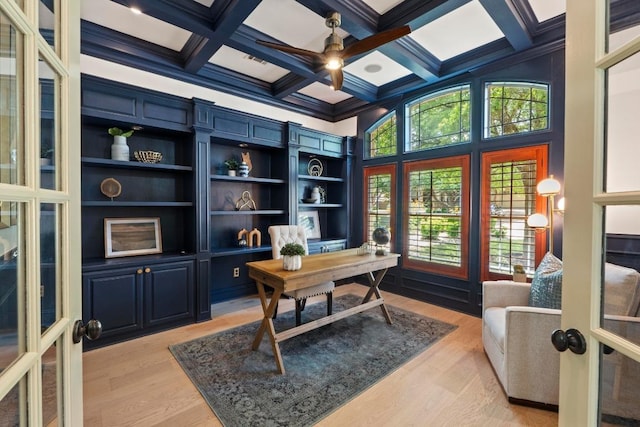 908 Lakewood Hills Ter, Austin, TX 78732 - office area with ceiling fan, beam ceiling, light wood-type flooring, ornamental molding, and coffered ceiling