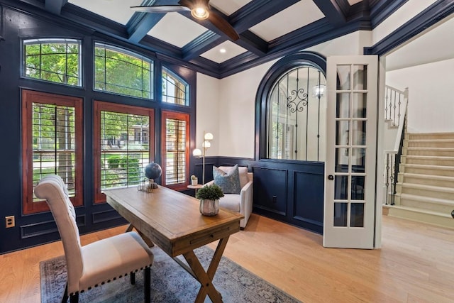 908 Lakewood Hills Ter, Austin, TX 78732 - office featuring french doors, coffered ceiling, light wood finished floors, beam ceiling, and wainscoting