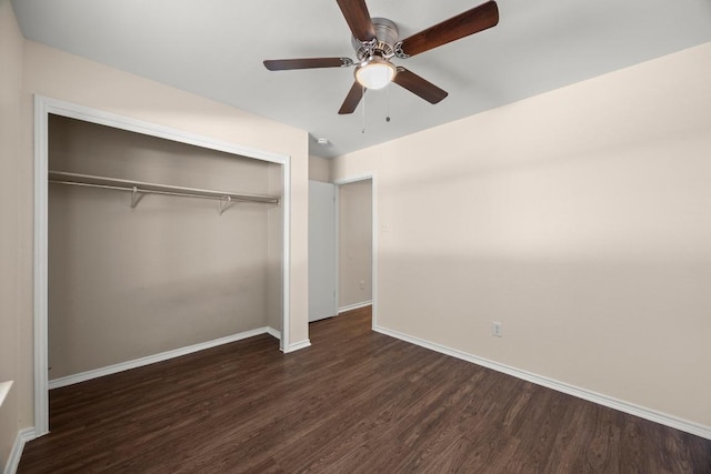 13620 Merseyside Dr, Pflugerville, TX 78660 - unfurnished bedroom with dark wood-style floors, a closet, and a ceiling fan