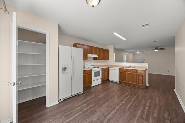 13620 Merseyside Dr, Pflugerville, TX 78660 - kitchen with white appliances, dark wood-type flooring, a peninsula, and light countertops