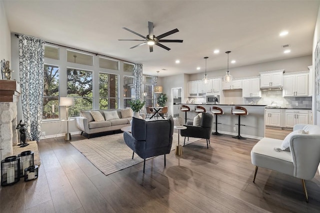 128 Big Sky Cv, Austin, TX 78737 - living room featuring a ceiling fan, recessed lighting, and hardwood / wood-style floors