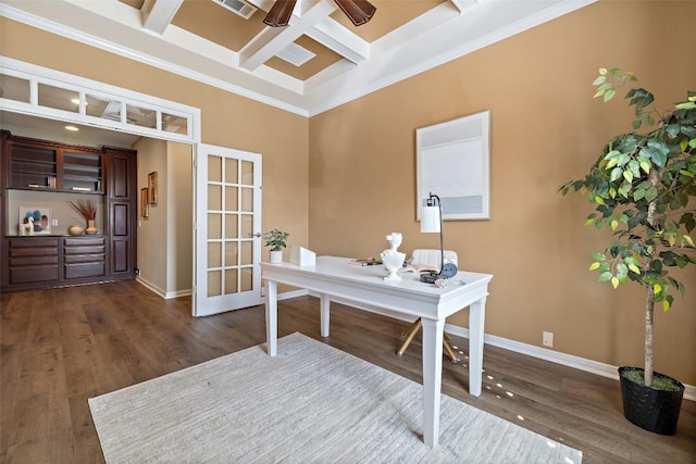 128 Big Sky Cv, Austin, TX 78737 - office area with coffered ceiling, beamed ceiling, dark wood finished floors, a ceiling fan, and crown molding
