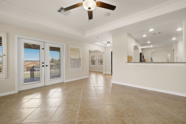 3608 Rockefeller Cv, Lago Vista, TX 78645 - tiled spare room with ornamental molding, a ceiling fan, arched walkways, french doors, and recessed lighting