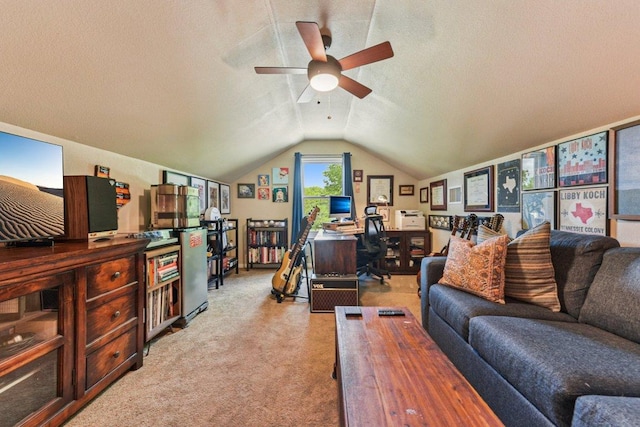157 Old Firetower Rd, Bastrop, TX 78602 - living room featuring an office area, light carpet, vaulted ceiling, a ceiling fan, and a textured ceiling