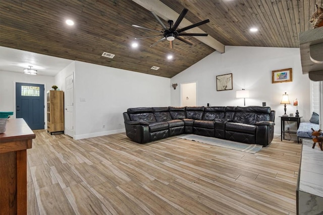 4001 Granada Dr, Georgetown, TX 78628 - living area featuring a ceiling fan, light wood-style flooring, recessed lighting, and wooden ceiling