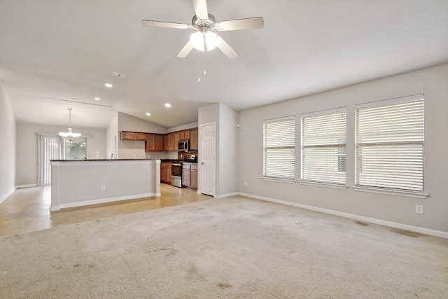 10423 Ancient Anchor, San Antonio, TX 78245 - unfurnished living room featuring lofted ceiling, a chandelier, light colored carpet, recessed lighting, and a ceiling fan