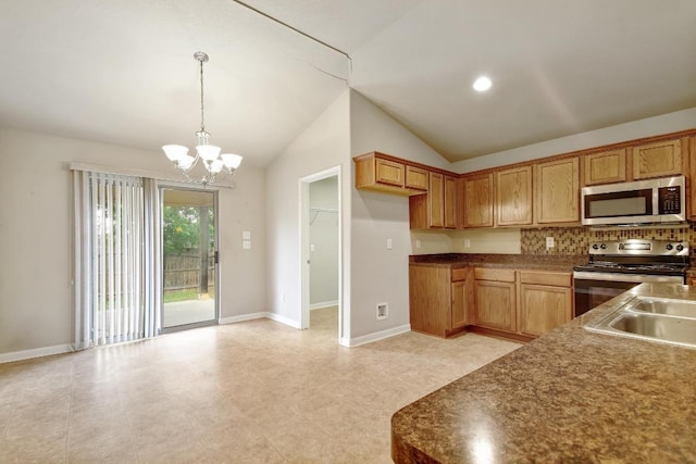 10423 Ancient Anchor, San Antonio, TX 78245 - kitchen with appliances with stainless steel finishes, lofted ceiling, a chandelier, backsplash, and hanging light fixtures