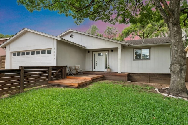 3207 Harpers Ferry Ln, Austin, TX 78745 - ranch-style home with a wooden deck, an attached garage, and a shingled roof