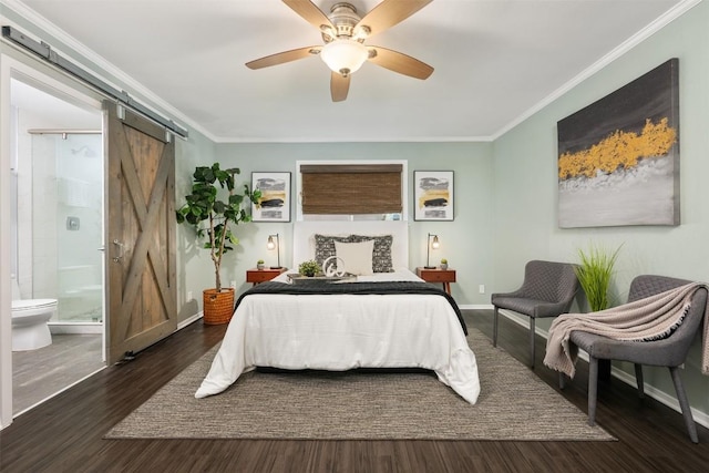3207 Harpers Ferry Ln, Austin, TX 78745 - bedroom with crown molding, a barn door, wood finished floors, ensuite bathroom, and ceiling fan