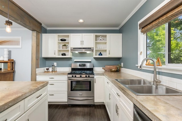 3207 Harpers Ferry Ln, Austin, TX 78745 - kitchen with appliances with stainless steel finishes, under cabinet range hood, open shelves, ornamental molding, and white cabinetry