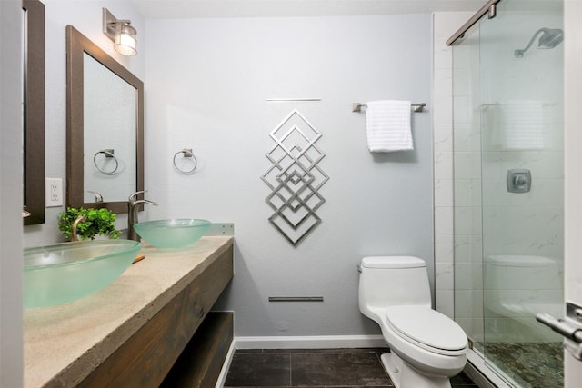 3207 Harpers Ferry Ln, Austin, TX 78745 - full bath with a stall shower, double vanity, and tile patterned floors