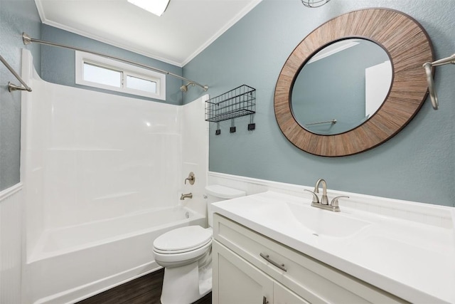 3207 Harpers Ferry Ln, Austin, TX 78745 - full bath featuring ornamental molding, shower / washtub combination, vanity, wainscoting, and wood finished floors