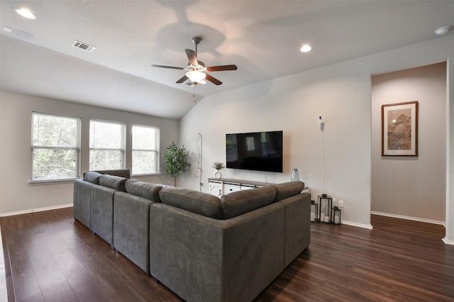 21510 Paine Ave, Lago Vista, TX 78645 - living room with ceiling fan, dark wood finished floors, lofted ceiling, and recessed lighting