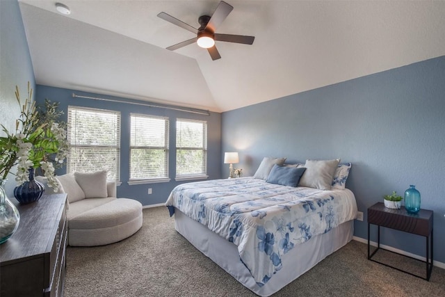 21510 Paine Ave, Lago Vista, TX 78645 - bedroom featuring carpet floors, vaulted ceiling, and ceiling fan