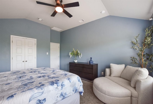 21510 Paine Ave, Lago Vista, TX 78645 - carpeted bedroom with vaulted ceiling, a ceiling fan, and a closet