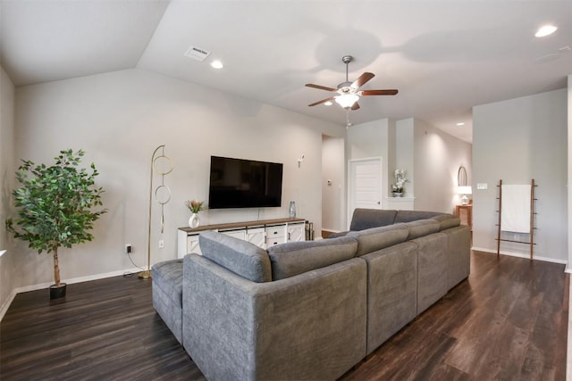 21510 Paine Ave, Lago Vista, TX 78645 - living area with dark wood-type flooring, ceiling fan, recessed lighting, and lofted ceiling