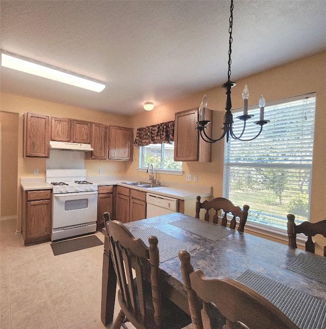 203 Pheasant Trl, Bastrop, TX 78602 - kitchen featuring white appliances, under cabinet range hood, a chandelier, and light countertops