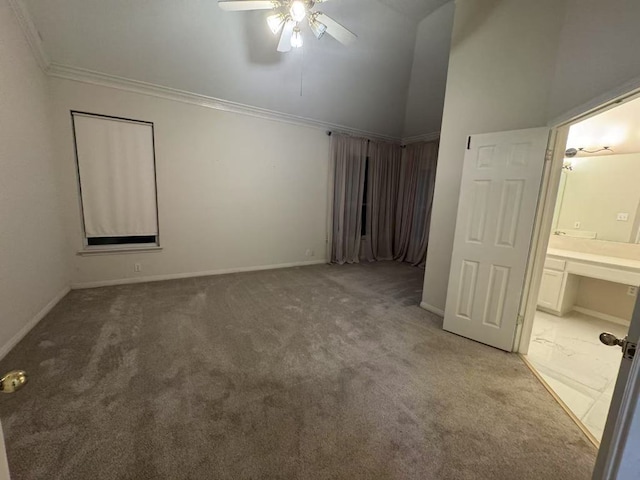 10204 Tenava Ct, Austin, TX 78726 - unfurnished bedroom with light colored carpet, ornamental molding, ceiling fan, and high vaulted ceiling