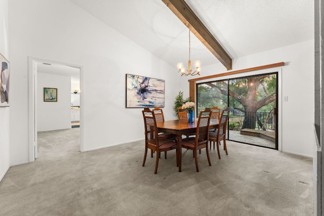 605 Flamingo Blvd, Lakeway, TX 78734 - dining room with carpet flooring, a chandelier, beam ceiling, and high vaulted ceiling