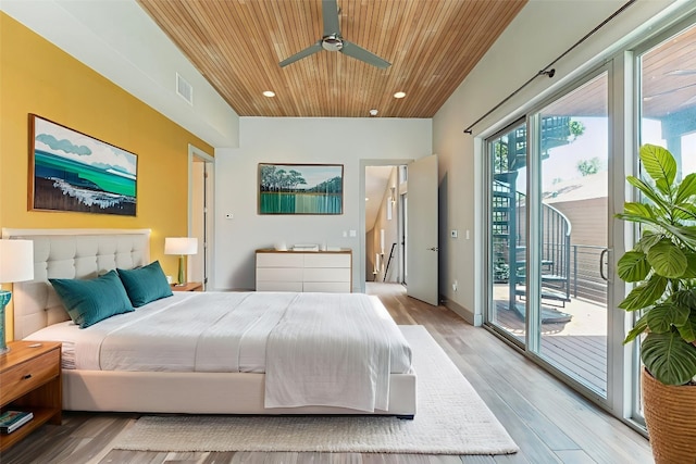 2004 Pennsylvania Ave Unit A, Austin, TX 78702 - bedroom with wooden ceiling, access to exterior, light wood-style flooring, recessed lighting, and a ceiling fan