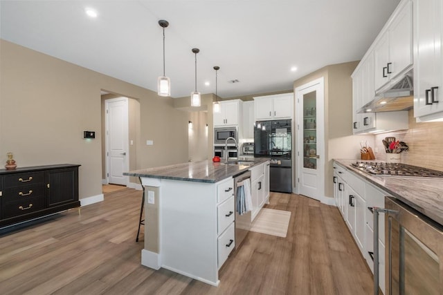 1332 Brescia Walk, Leander, TX 78641 - kitchen featuring stainless steel appliances, under cabinet range hood, light wood finished floors, decorative backsplash, and recessed lighting