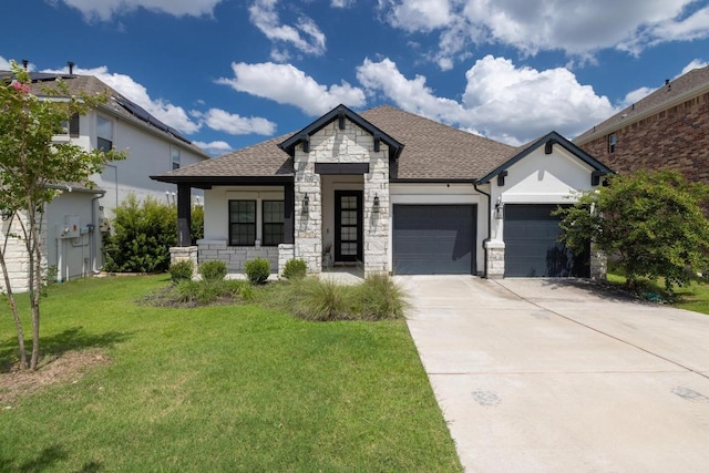 1332 Brescia Walk, Leander, TX 78641 - view of front of property featuring a front yard, stone siding, an attached garage, driveway, and a shingled roof