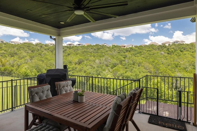 1332 Brescia Walk, Leander, TX 78641 - view of patio / terrace featuring a forest view, a ceiling fan, and a grill