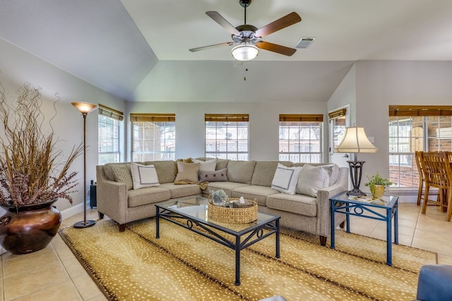604 Cutty Trl, Lakeway, TX 78734 - tiled living area with lofted ceiling and a ceiling fan