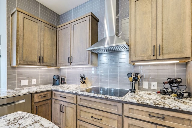 604 Cutty Trl, Lakeway, TX 78734 - kitchen with wall chimney exhaust hood, black electric stovetop, backsplash, and dishwasher