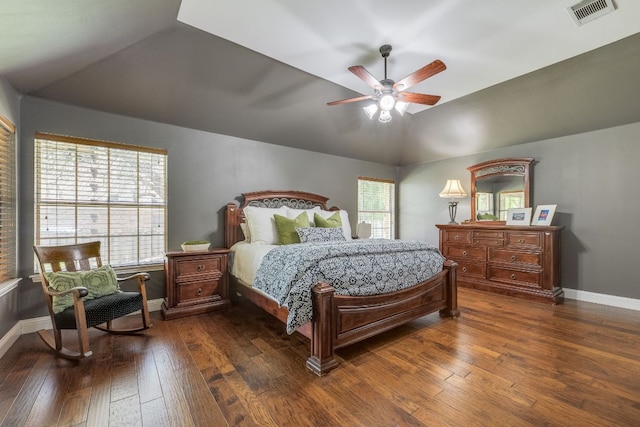 604 Cutty Trl, Lakeway, TX 78734 - bedroom featuring vaulted ceiling, dark wood-style flooring, and a ceiling fan