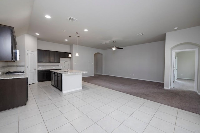 21016 Abigail Way, Pflugerville, TX 78660 - kitchen with arched walkways, open floor plan, recessed lighting, light colored carpet, and stainless steel appliances