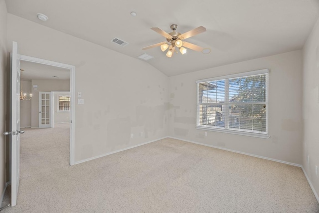 1310 Parmer Ln W Unit 3201, Austin, TX 78727 - carpeted spare room featuring ceiling fan, a chandelier, and vaulted ceiling