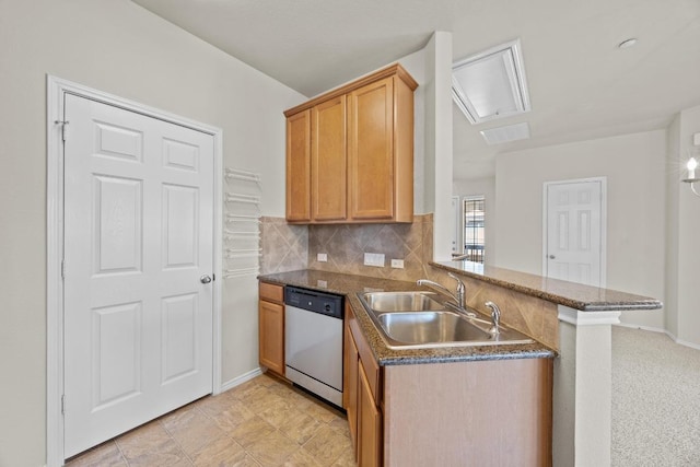 1310 Parmer Ln W Unit 3201, Austin, TX 78727 - kitchen featuring stainless steel dishwasher, a peninsula, decorative backsplash, dark stone counters, and brown cabinetry