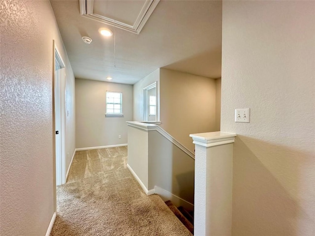149 Gullivers Dr, Elgin, TX 78621 - hallway with attic access, an upstairs landing, light colored carpet, and a textured wall