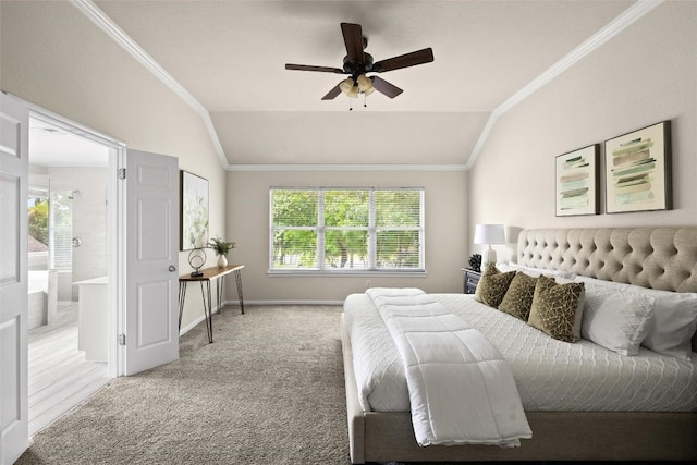3416 Oxsheer Dr, Austin, TX 78732 - bedroom featuring lofted ceiling, crown molding, multiple windows, ensuite bathroom, and carpet