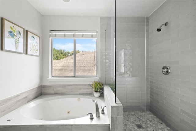 3416 Oxsheer Dr, Austin, TX 78732 - bathroom featuring a tile shower and a tub with jets