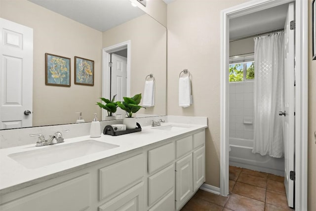 3416 Oxsheer Dr, Austin, TX 78732 - bathroom featuring double vanity, tile patterned floors, and shower / bath combo with shower curtain